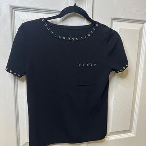 Edgy Women’s Black Ribbed Eyelet Trim Top Front Pocket Size S